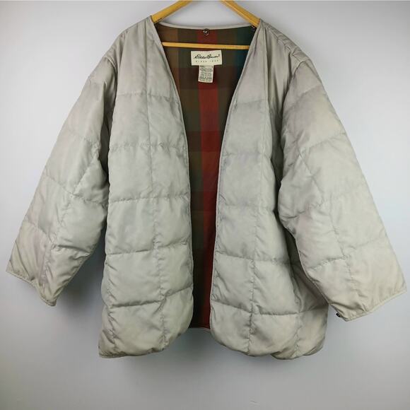 Eddie Bauer VTG SZ L Cotton Tan Chore Jacket Corduroy Collar Down Plaid Liner - Picture 4 of 11